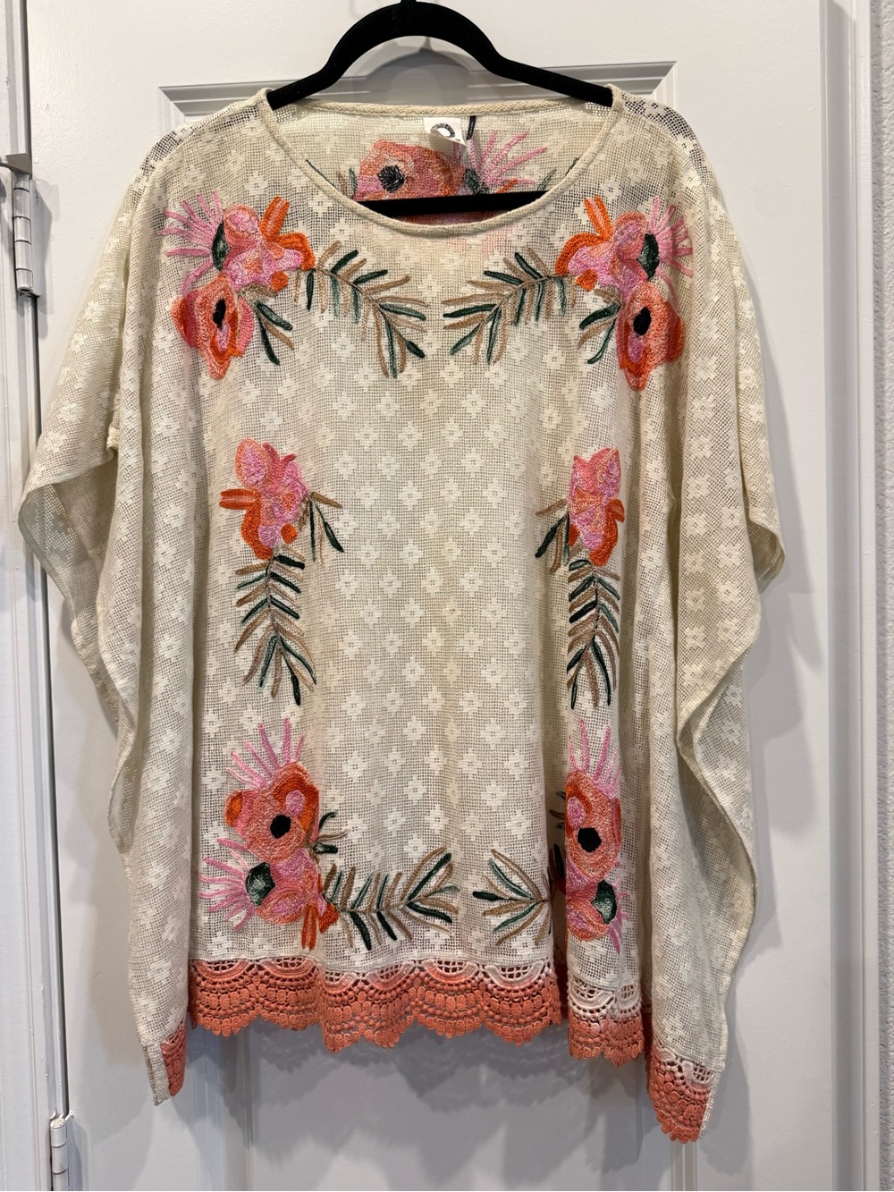 Cream Embroidered Floral Crochet-Hem Tunic with Pink & Coral Accents